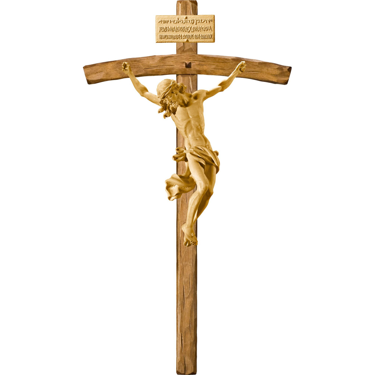 Cristo Barroco en cruz arqueada con Titulus Crucis en hebreo - latín - griego